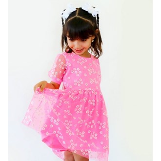  Vestido Princesa em Tule de Margaridas Rosa Neon 